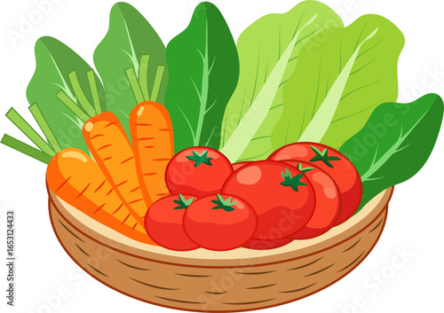 Basket with salad, tomatoes and carrots.