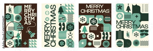 Merry Christmas Vibrant Abstract minimalist style Geometric Pattern with Modern Typography Colorful Festive and Snowflakes Holiday Greeting Background Poster Design