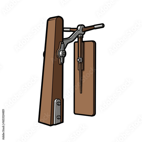 A classic wooden boat rudder and tiller steering mechanism assembly isolated on a white background.