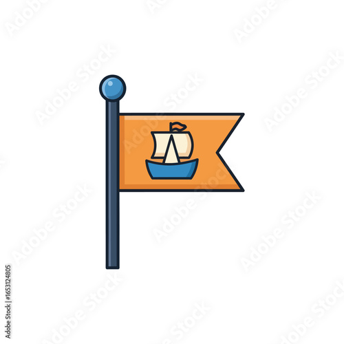 A simple vector icon of an orange nautical pennant flag with a sailboat emblem, flying on a blue flagpole.