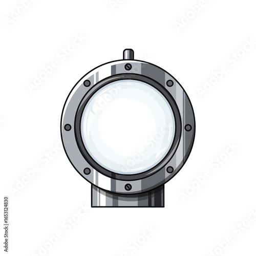 A detailed cartoon illustration of a round, metallic ship's porthole with rivets, isolated on a white background.