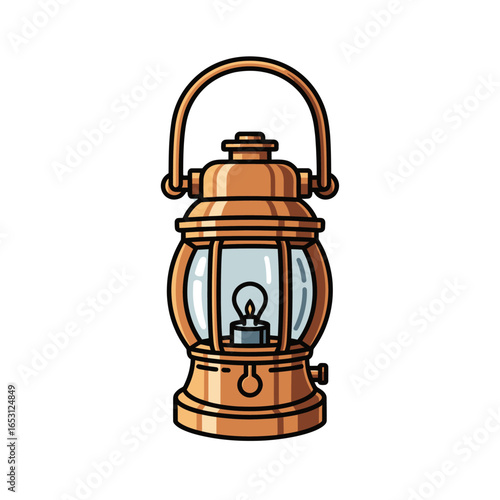 A classic copper camping lantern with a handle and a lit electric bulb, illustrated in a cartoon style on a white background.