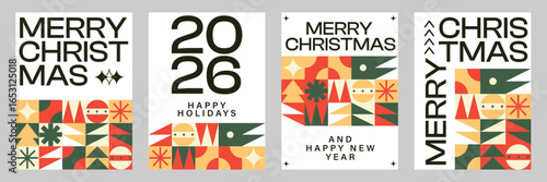 Merry Christmas Vibrant Abstract minimalist style Geometric Pattern with Modern Typography Colorful Festive and Snowflakes Holiday Greeting Background Poster Design