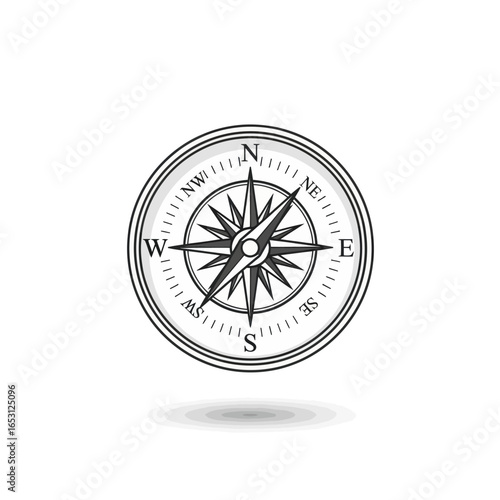 A detailed illustration of a classic compass, showing directional bearings and needle.