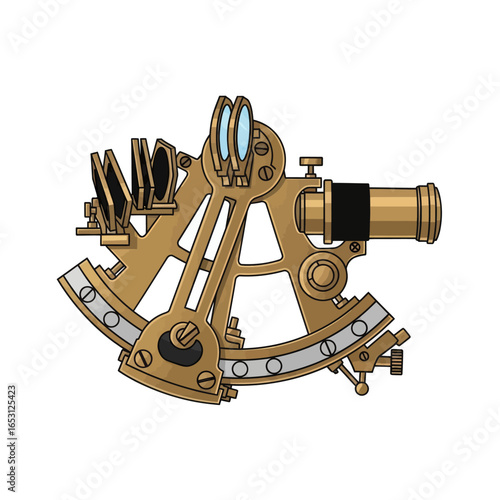 Illustration of a brass sextant navigational instrument used for celestial navigation, isolated on white background.