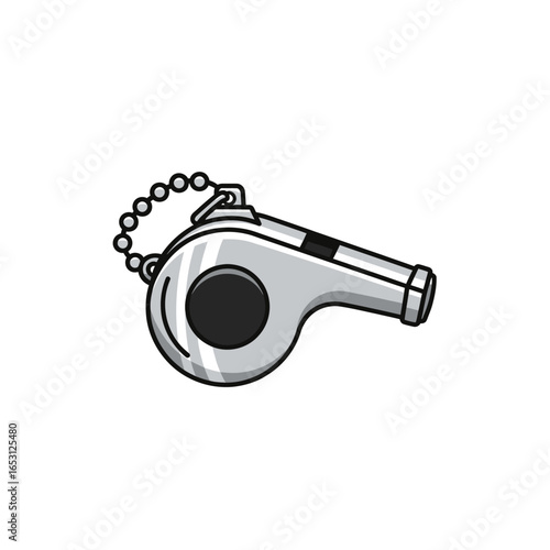 Illustration of a silver metal whistle with a black mouthpiece and a ball chain attached, isolated on a white background.
