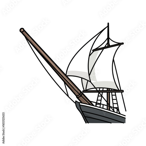 Close-up illustration of a sailing ship's bowsprit and sails, nautical vessel detail.