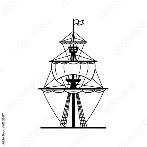 A stylized black and white line art illustration of a historic tall ship's mast with sails, rigging, and a crow's nest.