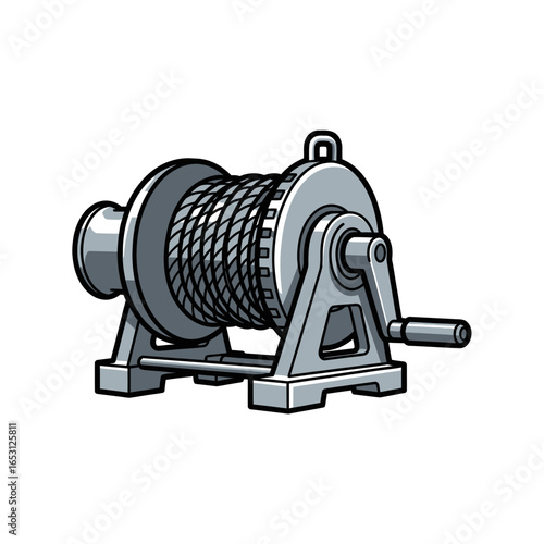 A detailed illustration of a grey manual hand winch with a crank handle and spooled steel cable on a white background.