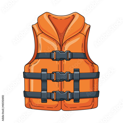 A vibrant orange life vest illustration, showcasing safety features and secure buckles.