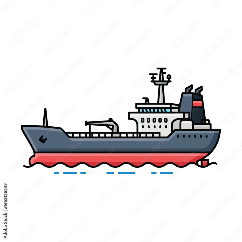 Obraz premium Cartoon style illustration of a large cargo ship on the water.