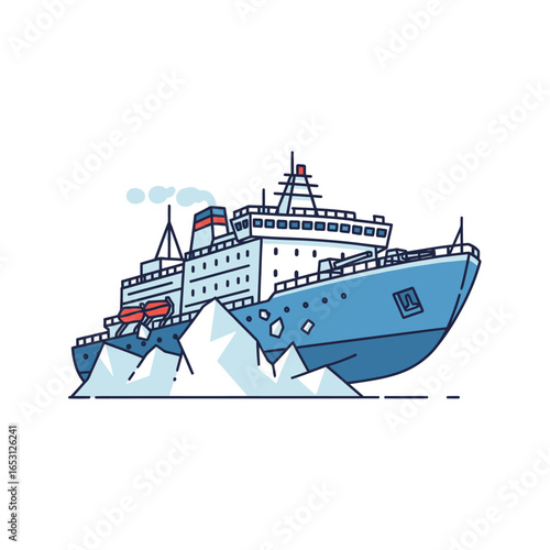 Arctic icebreaker ship navigating through icy terrain, detailed illustration.