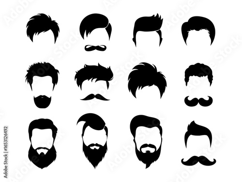 gray male face silhouettes various hairstyles beards mustaches hipster style icons set
