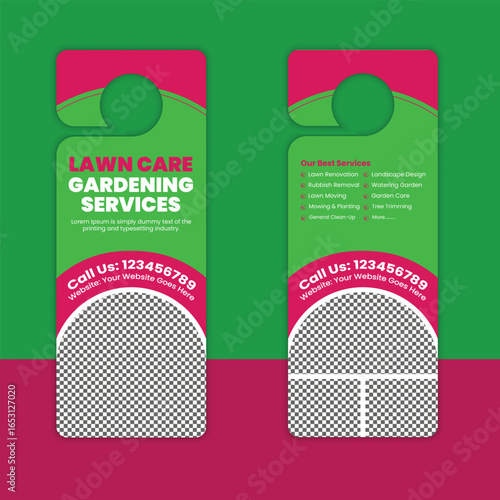 Lawn mowing and gardening, yard care, door hanger template, grass cutting, and Lawn Maintenance door hanger template layout