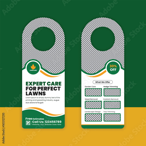 Lawn mowing and gardening, yard care, door hanger template, grass cutting, and Lawn Maintenance door hanger template layout