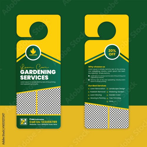 Lawn mowing and gardening, yard care, door hanger template, grass cutting, and Lawn Maintenance door hanger template layout