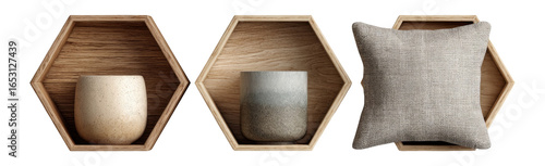 Modern Decor Objects on Wooden Shelves with a Transparent Background