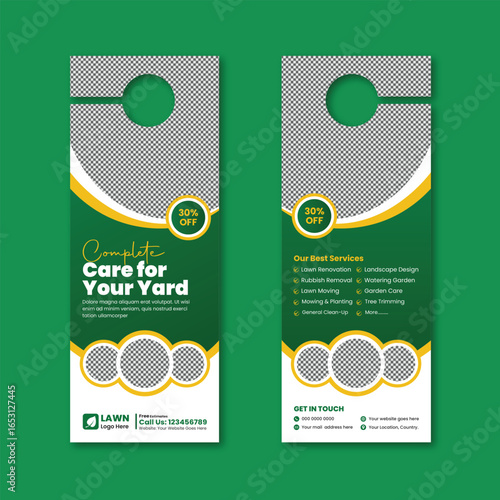 Lawn mowing and gardening, yard care, door hanger template, grass cutting, and Lawn Maintenance door hanger template layout