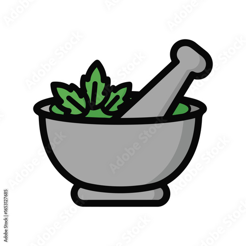Mortar and pestle with herbs illustration