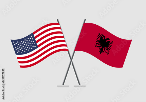 United States and Albania vector flags with realistic waving appearance
