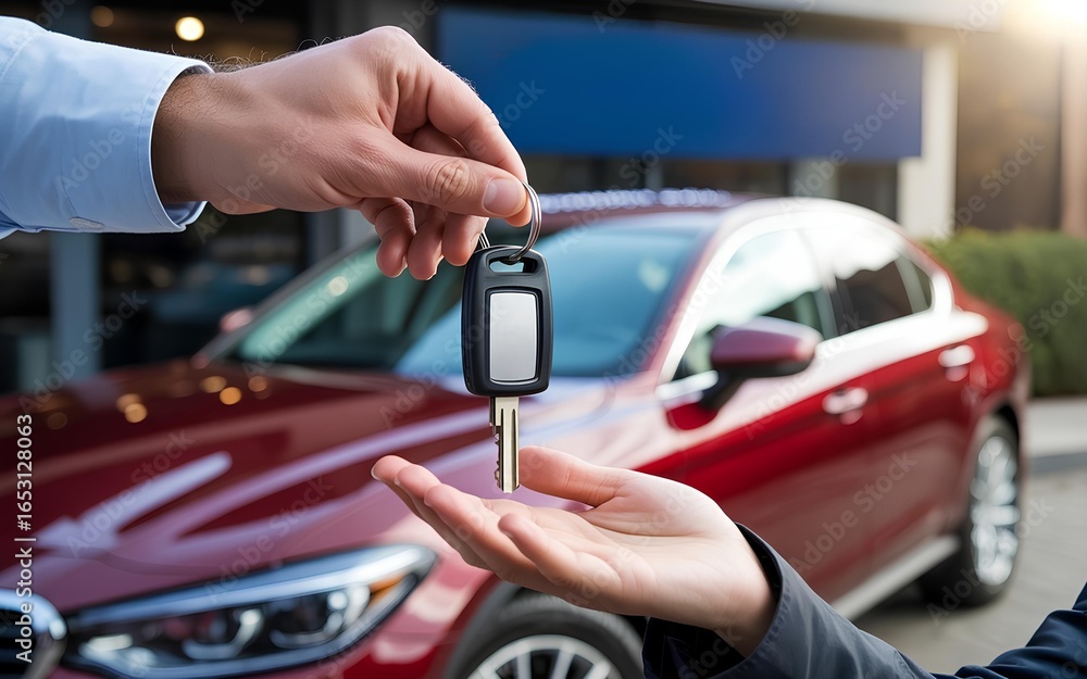 Obraz premium Close-up of car dealer giving auto key to buyer, second-hand used car sale or rental concept, vehicle dealership loan finance service, transportation business handshake deal automotive industry offer