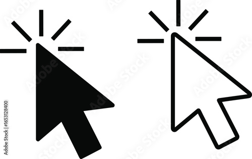 Cursor click icons in solid and outline styles, pointer symbol, mouse arrow, clicking action, navigation, selection, vector design set