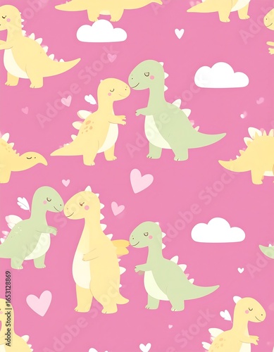 Cartoon dinosaurs, hearts, clouds on pink