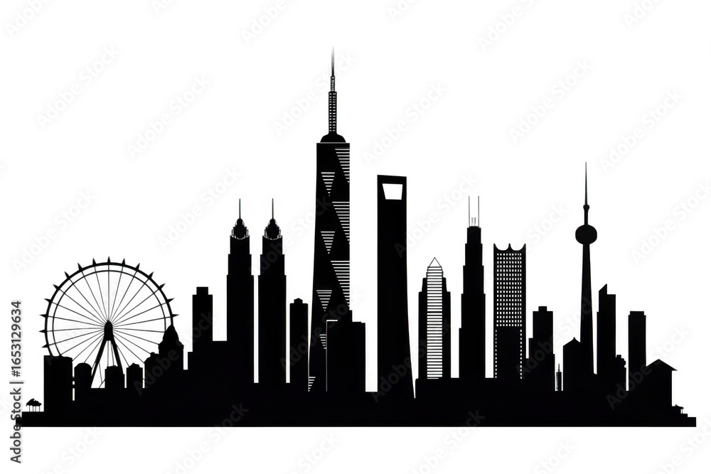 Obraz premium Cityscape silhouette with ferris wheel isolated on transparent background