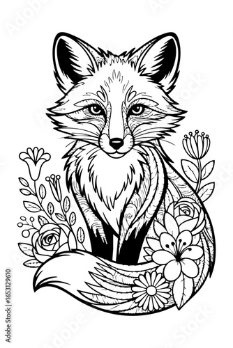 fox with flowers, coloring book