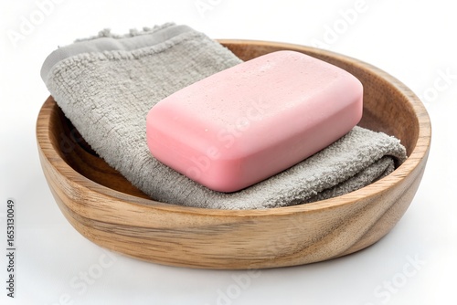 A pink soap bar resting on a folded gray towel inside a wooden bowl against a white background display