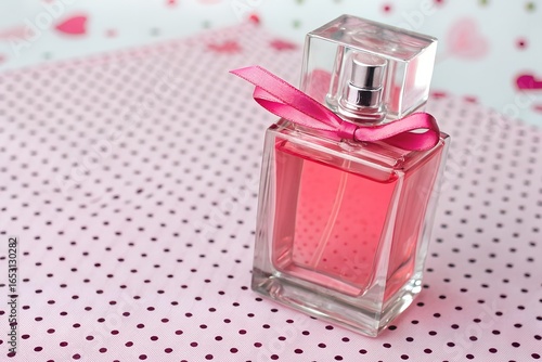 Elegant pink perfume bottle adorned with ribbon resting on dotted pink fabric background for beauty and fragrance