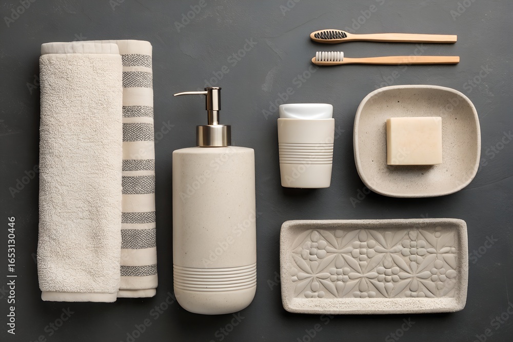 Naklejka premium Overhead view of modern bathroom accessories including towels soap dispenser toothbrushes soap dish and tumbler on a dark surface