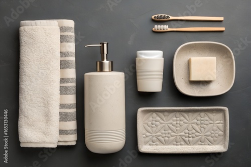Overhead view of modern bathroom accessories including towels soap dispenser toothbrushes soap dish and tumbler on a dark surface
