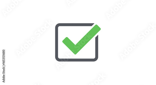 Green checkmark within a square outline symbolizing approval, success, or completion on a clean white background.