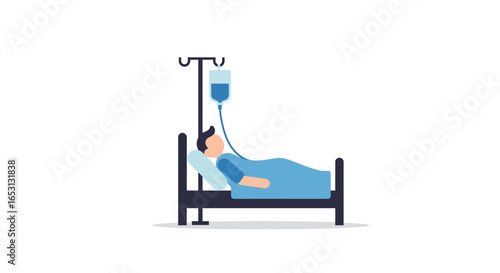 Vector illustration of a sick patient lying in a hospital bed receiving intravenous therapy from an IV drip bag, medical treatment concept.