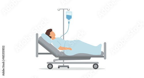 Vector illustration of a patient lying in a hospital bed with an IV drip. Concept for medical care, treatment, and hospitalization.