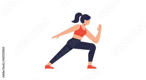 Illustration of a fit woman in sportswear doing lunges. Concept of workout, fitness, and healthy active lifestyle isolated on white background.