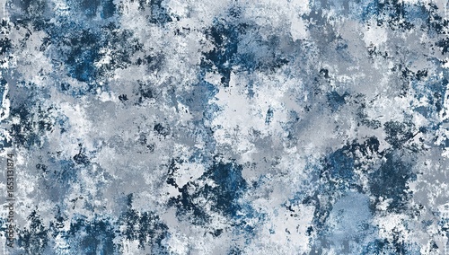 A seamless pattern of gray and blue camouflage, perfect for military or urban wear designs. The camo design is dense with intricate details, creating an eye-catching effect on the fabric surface.