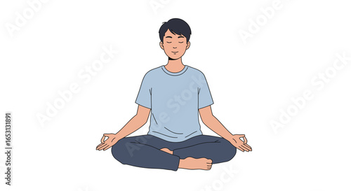 Young man meditating in lotus position, calm and focused, promoting wellness and mindfulness