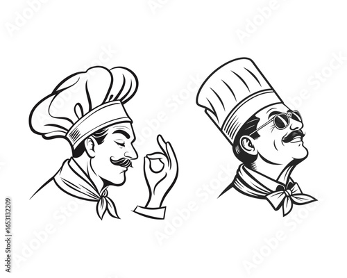Two stylized chef portraits in a retro, vintage graphic design style