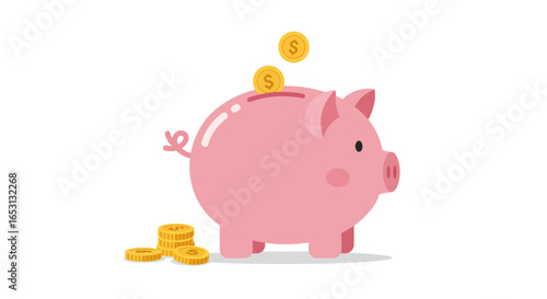 Pink Piggy Bank with Gold Coins Deposit Illustration
