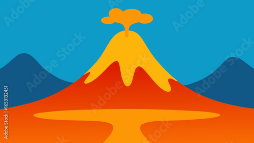 Cartoon Volcano Scene Bright Lava River Fantasy Landscape Dramatic Art Illustration