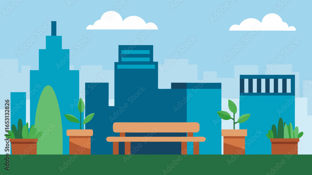 Naklejka premium Peaceful City Rooftop Garden Lush Plants Benches Urban Oasis Green Space View