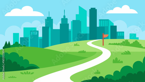 Serene City Park Winding Pathway Green Lawns Relaxing Urban Outdoor Escape