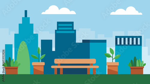 Peaceful City Rooftop Garden Lush Plants Benches Urban Oasis Green Space View