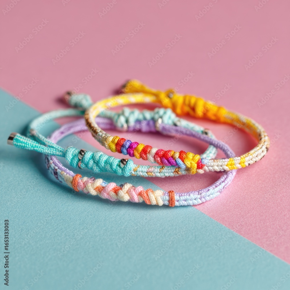Fototapeta premium Colorful braided bracelets on a pastel background.