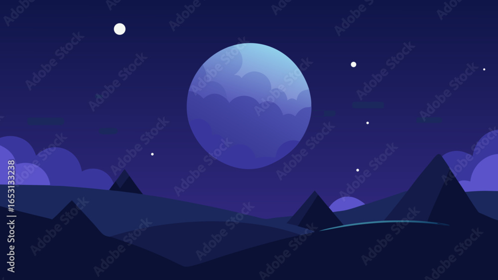 Fototapeta premium Dark Landscape Lit Only by the Full Moon and Distant Stars Night