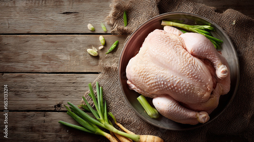 Raw whole chicken with fresh green onions and root vegetables on rustic wooden background