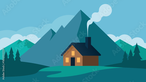 Cozy Cabin Nestled in a Mountain Valley with Smoke from Chimney