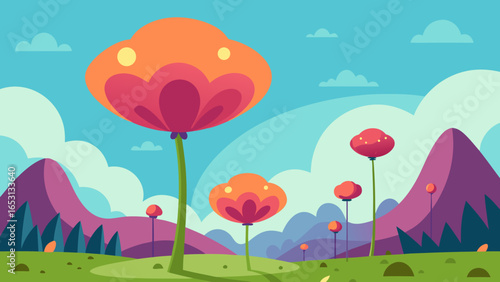 Fantasy Scene with Giant Oversized Flowers in a Magical Garden